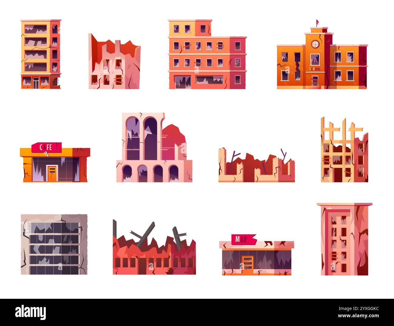 Danni all'edificio. Il terremoto ha rotto la casa. Rovina della città vecchia o detriti di guerra. Finestre di costruzione urbane distrutte. Architettura fatiscente con fessure. P Illustrazione Vettoriale