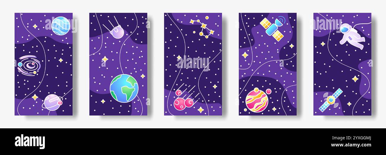 Spazio. Cornice cosmica. Meteore galassiche e asteroidi. Orbite del pianeta. Cosmonauta in tuta spaziale. Passeggiata spaziale dell'astronauta. Costellazione di stelle. Universo sat Illustrazione Vettoriale