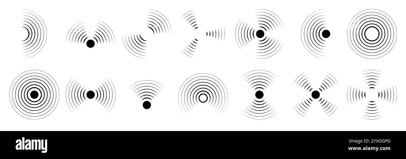 Onda sonora. Icona effetto radar. Segnale target linea o ripetizione circolare concentrica. Grafica audio leggera. Aria rotonda. Vibrazione radiale Soundwave. Sonar ri Illustrazione Vettoriale