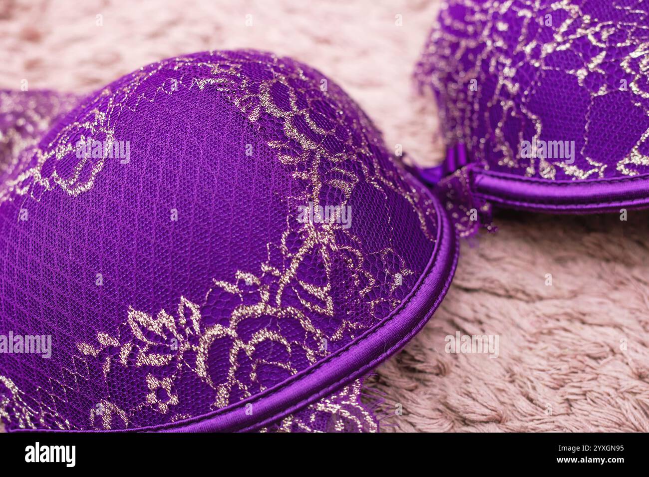 Un bel paio di vivaci pantofole viola adornate con eleganti finiture dorate può essere visto poggiare comodamente su un tappeto decorativo Foto Stock