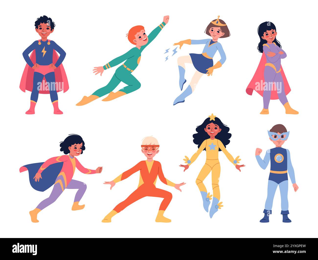 Carini supereroi per bambini. Ragazzi divertenti, ragazze con mantelle e tute colorate strette, superpoteri, capacità, pose dinamiche, eroi forti e coraggiosi Illustrazione Vettoriale