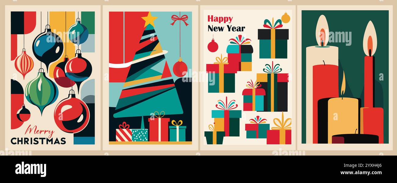 Set di biglietti di Natale colorati, poster vettoriali Illustrazione Vettoriale