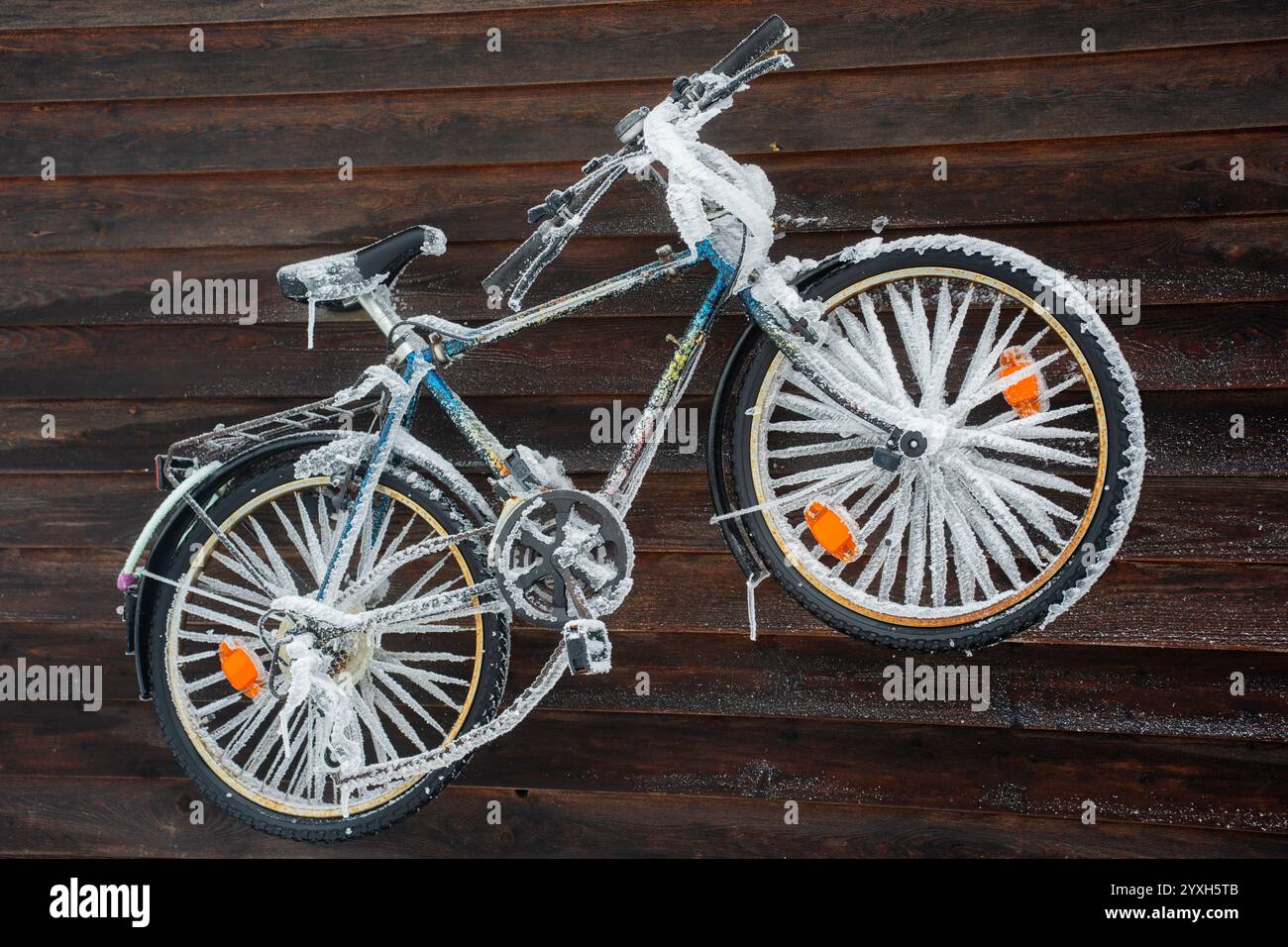 Bici ghiacciata su pareti di legno in inverno Foto Stock