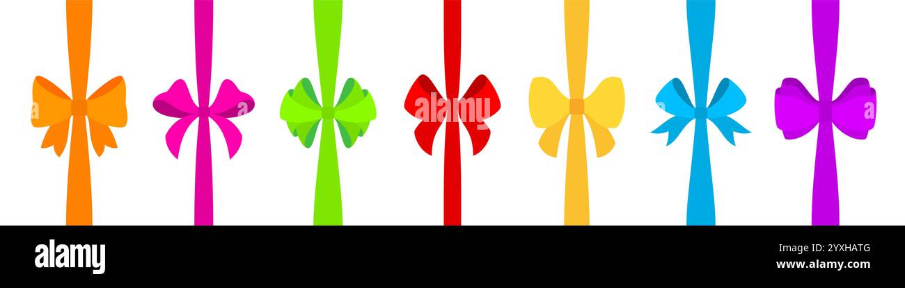Fiocchi colorati su nastro piatto. Nodi decorativi in colori vivaci. Loop legati in curve lisce. Elementi da confezionare per confezioni regalo, confezioni e decorazioni. Elegante nastro ad arco per l'imballaggio presente Illustrazione Vettoriale