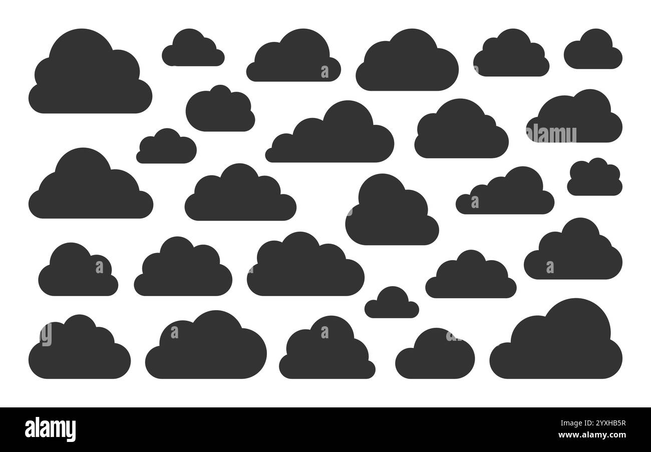 Set di icone dei fumetti. Sagoma nera di varie forme per la sincronizzazione Internet dei concetti digitali di archiviazione dati. Semplice e morbido simbolo di tecnologia cloud. Forme astratte minimalistiche piatte per la tecnologia di rete Illustrazione Vettoriale