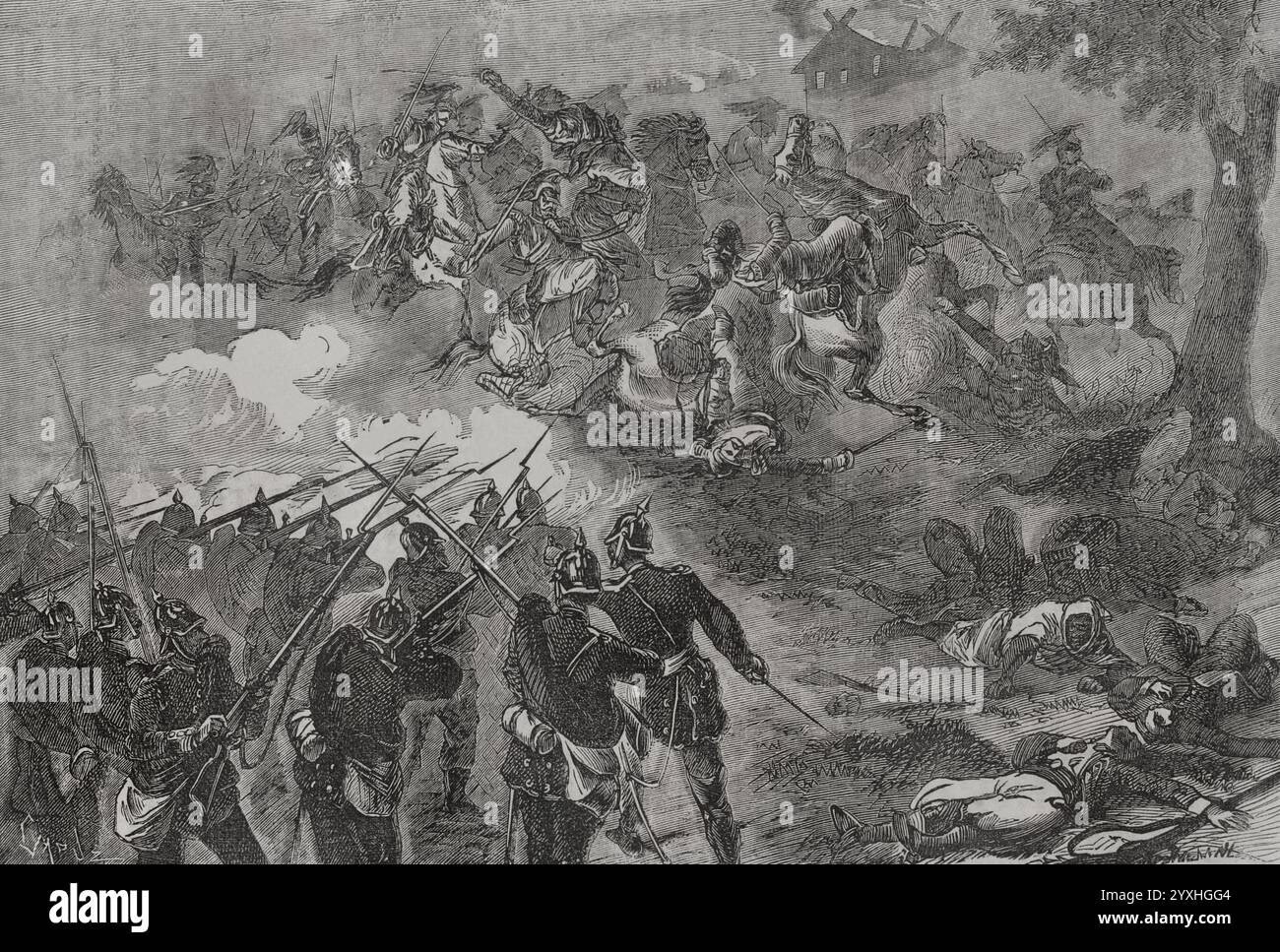 Guerra franco-prussiana (1870-1871). Battaglia di Sedan (1-2 settembre 1870). L'esercito prussiano sconfisse e catturò l'intero esercito francese, incluso l'imperatore Napoleone III che prese parte alla battaglia e si arrese. Scena che raffigura un episodio della battaglia. Incisione di Capuz. Historia de la Guerra de Francia y Prusia (storia della guerra tra Francia e Prussia). Volume I. pubblicato a Barcellona, 1870. Foto Stock