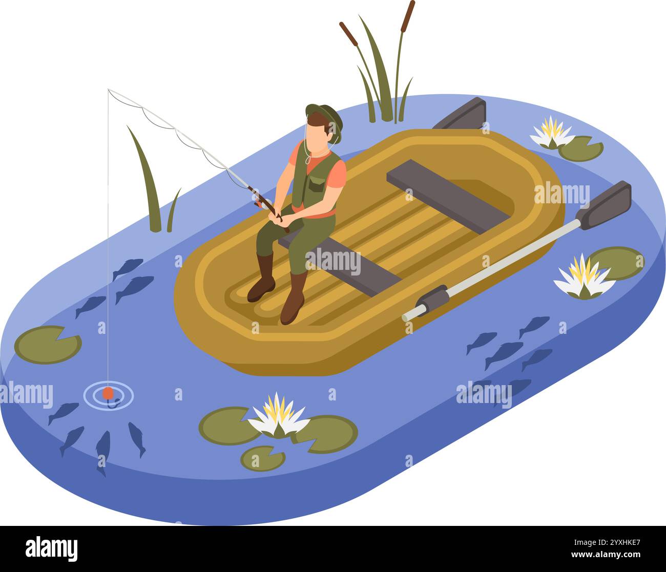 Pesca isometrica. Uomo seduto sulla barca di gomma con rog. Riposare sulla natura, pescare uomini nel fiume del lago o stagno con piante. Hobby impeccabile Illustrazione Vettoriale