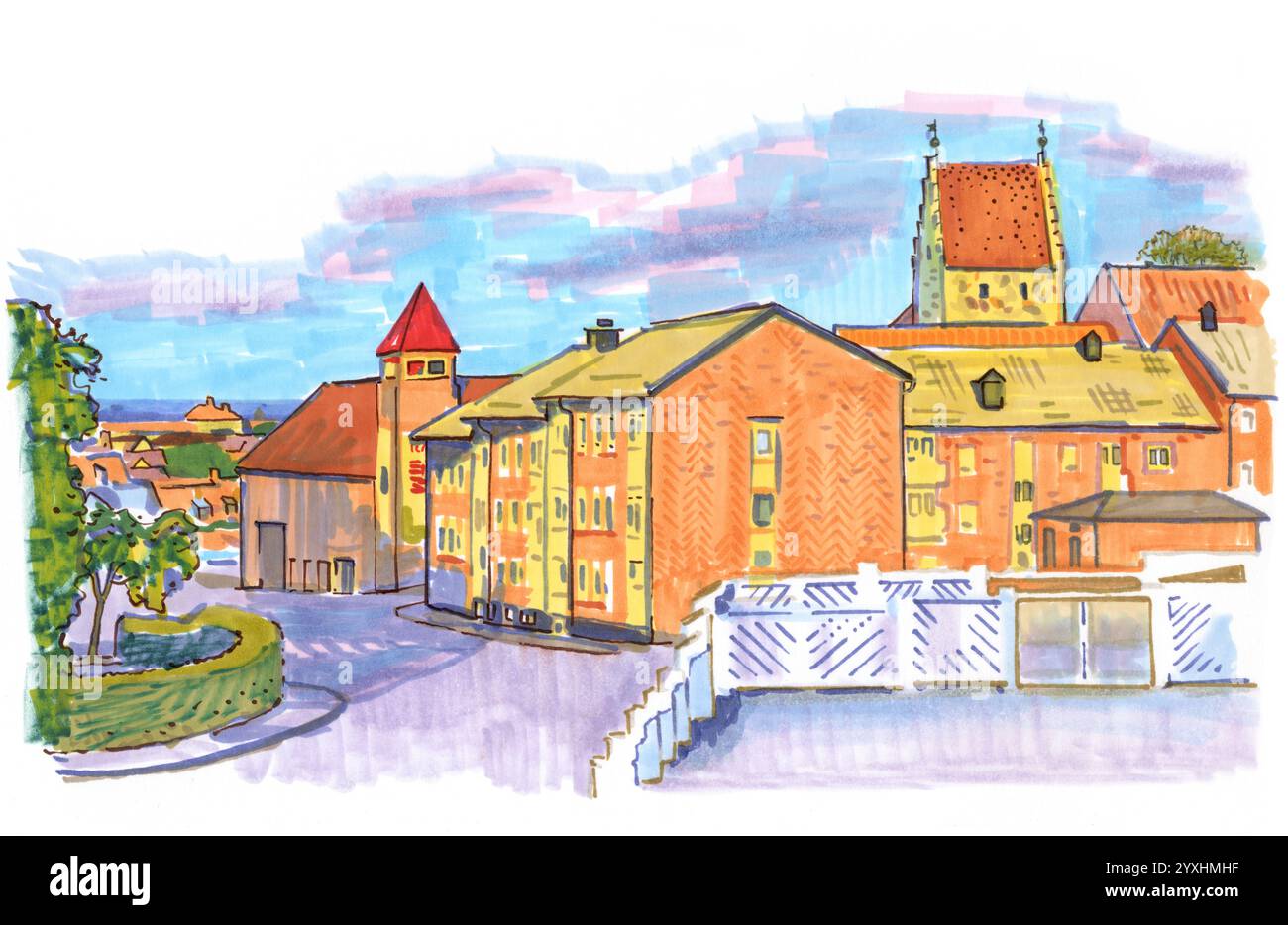 Vista di Simrishamn con la chiesa di San Nicola. Pittoresca cittadina costiera nel sud della Svezia. Popolare località turistica svedese. Scandinavia, conte nordico Foto Stock