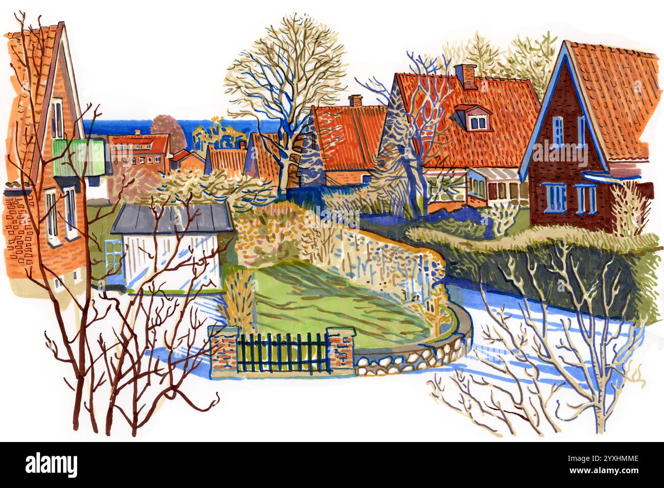 Giornata di sole all'inizio della primavera nella zona residenziale di Simrishamn, una graziosa e pittoresca cittadina costiera nel sud della Svezia. Disegna con i marcatori della vita. Po Foto Stock