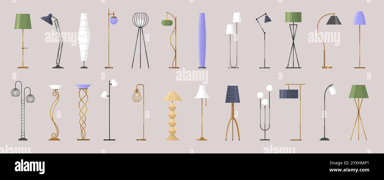 Piantana. Decorazioni moderne degli interni, lampade da terra, modello recente di illustrazioni di design piatto vettoriale Illustrazione Vettoriale