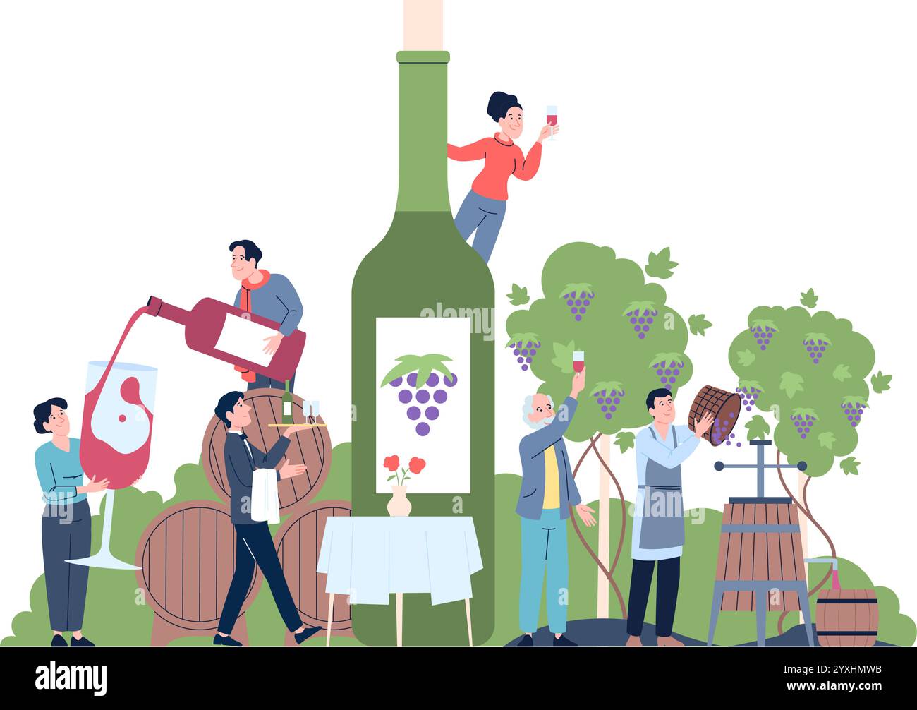 Gente produzione di vino. Degustazione e degustazione di vini, cameriere ed enologo con bicchieri e bottiglie. Bevanda alcolica d'élite, recente scena piatta vettoriale Illustrazione Vettoriale