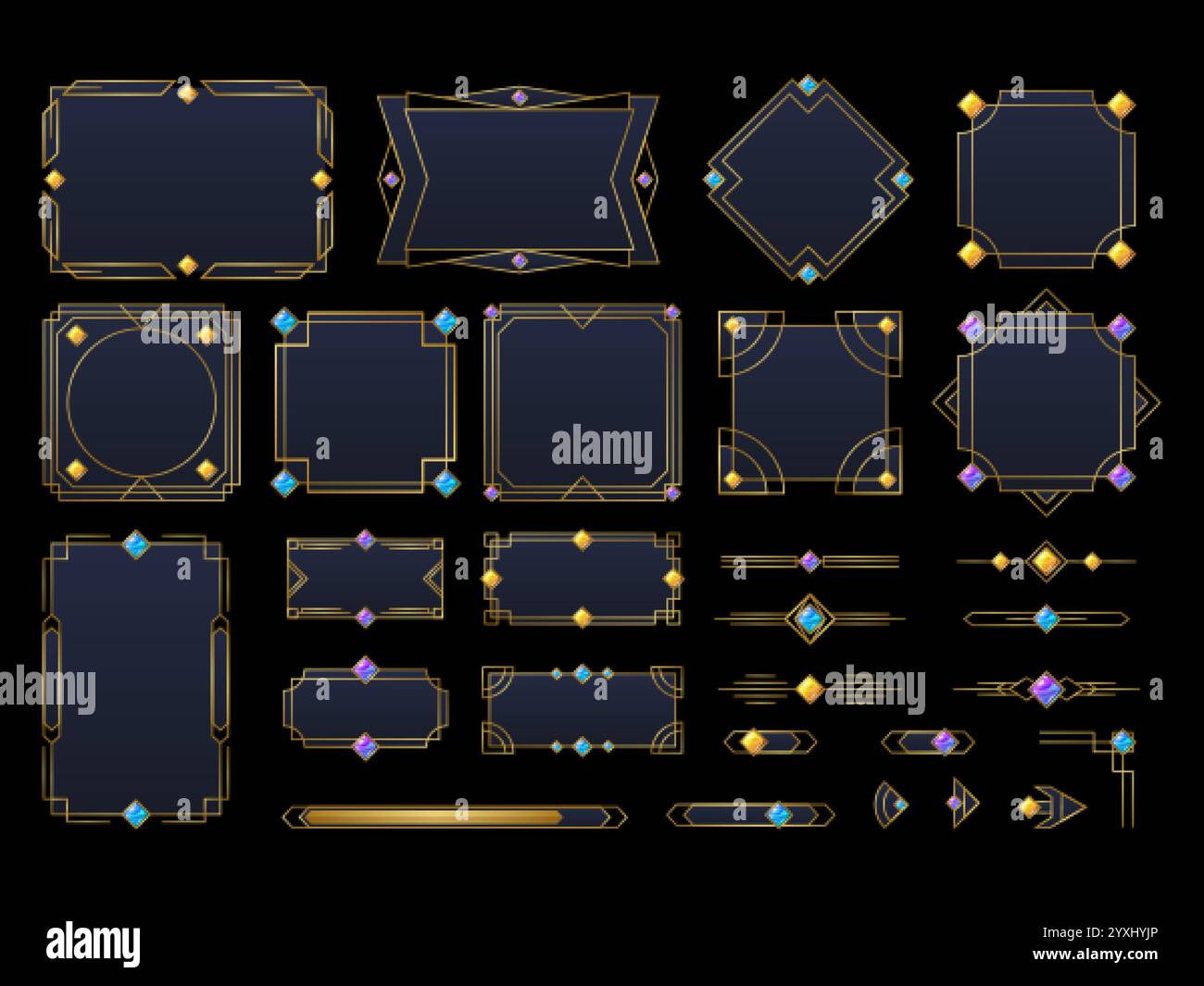 Cornici di gioco medievali. Cornice della finestra dell'interfaccia utente ux di gioco dark fantasy rpg, barra dei pulsanti del menu dell'interfaccia gotica titolo ornamento art deco dorato design antico illustrazione vettoriale originale Illustrazione Vettoriale