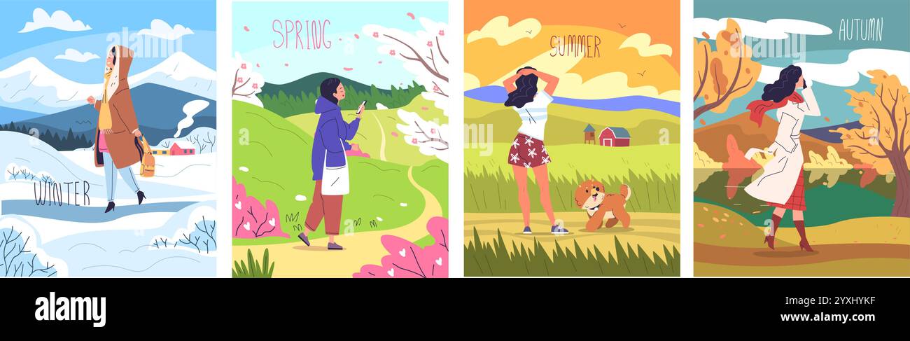 Quattro stagioni donna. Happy girl Walk in paesaggi naturali di stagione diversa, inverno autunno estate primavera stagionale caldo o freddo, set di illustrazioni vettoriali di classe opere d'arte originali Illustrazione Vettoriale