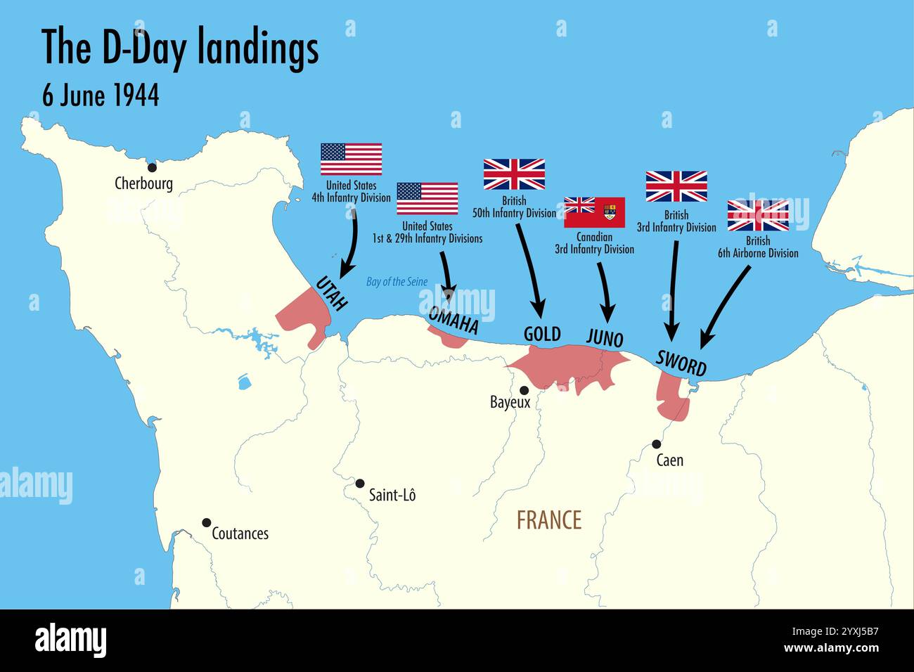 Mappa della Normandia che mostra gli sbarchi del D-Day della seconda guerra mondiale, 6 giugno 1944 Foto Stock