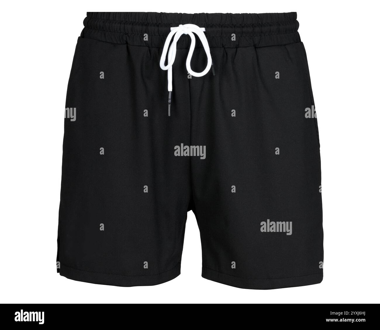 Shorts atletici con coulisse neri su sfondo bianco Foto Stock