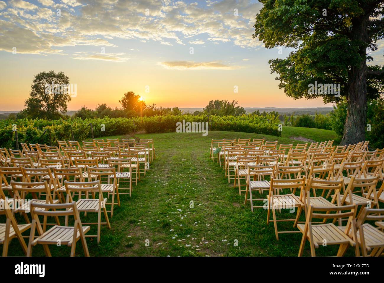 File di sedie pieghevoli in legno disposte per eventi all'aperto al tramonto Foto Stock