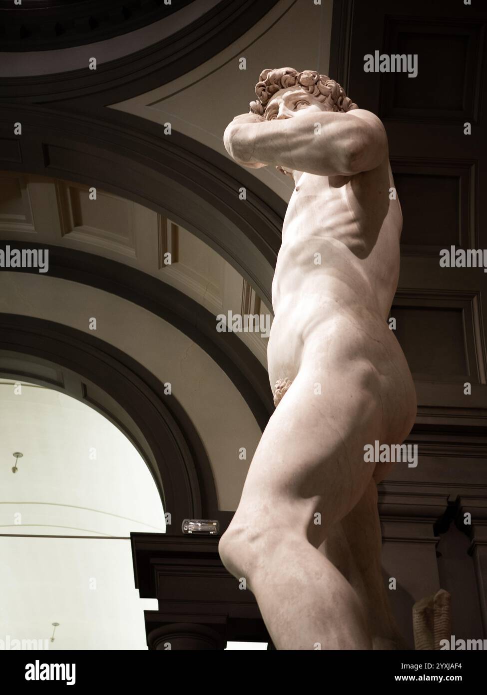 Michelangelos David Sculpture Low Angle girato alla Galleria dell'Accademia Foto Stock