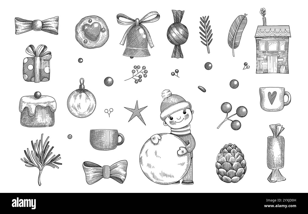 Set di oggetti natalizi. Illustrazione vettoriale disegnata a mano. Collezione natalizia. agnello inciso natalizio, vischio, corona, calze, calze, regalo, abete, pino Illustrazione Vettoriale