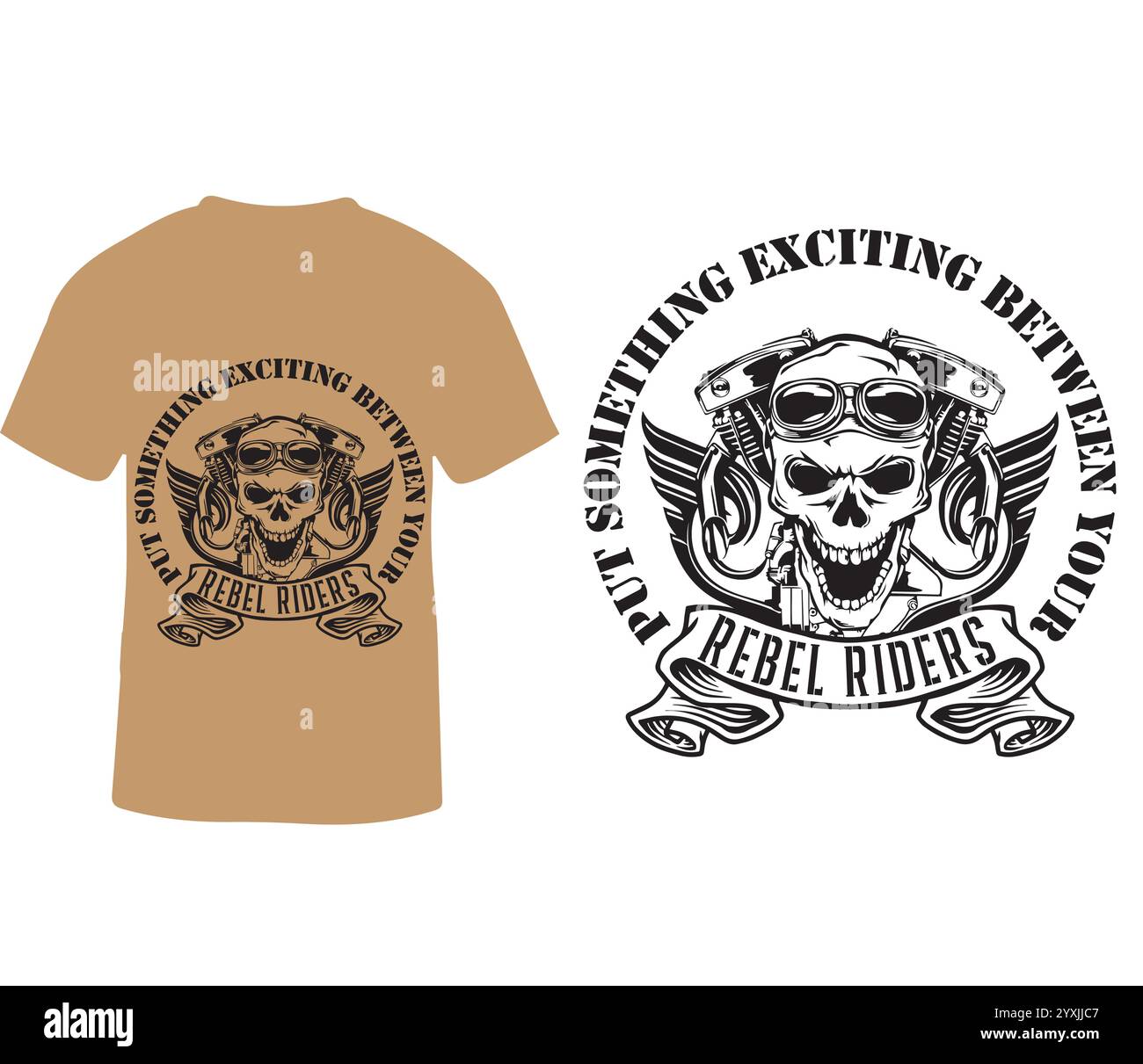 T-shirt grafica a tema motociclistico con teschio e motore. design t-shirt Illustrazione Vettoriale