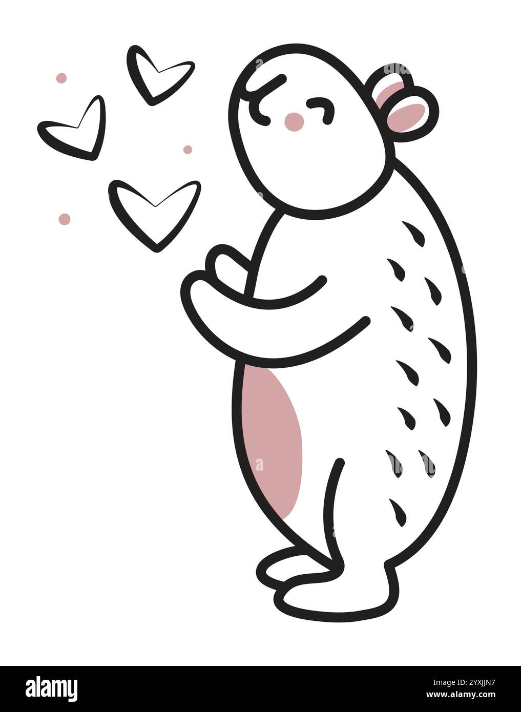 Carino capybara da sogno con la linea nera gioca con i cuori, vettoriale del personaggio kawaii alla moda, grande roditore accogliente per una cartolina, pagina colorata Illustrazione Vettoriale