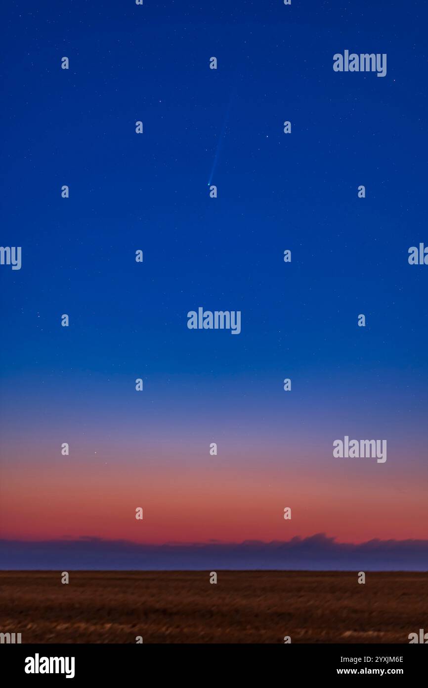 Cometa Nishimura (C/2023 P1) all'alba con colori crepuscolari mattutini ad Alberta, Canada. Foto Stock