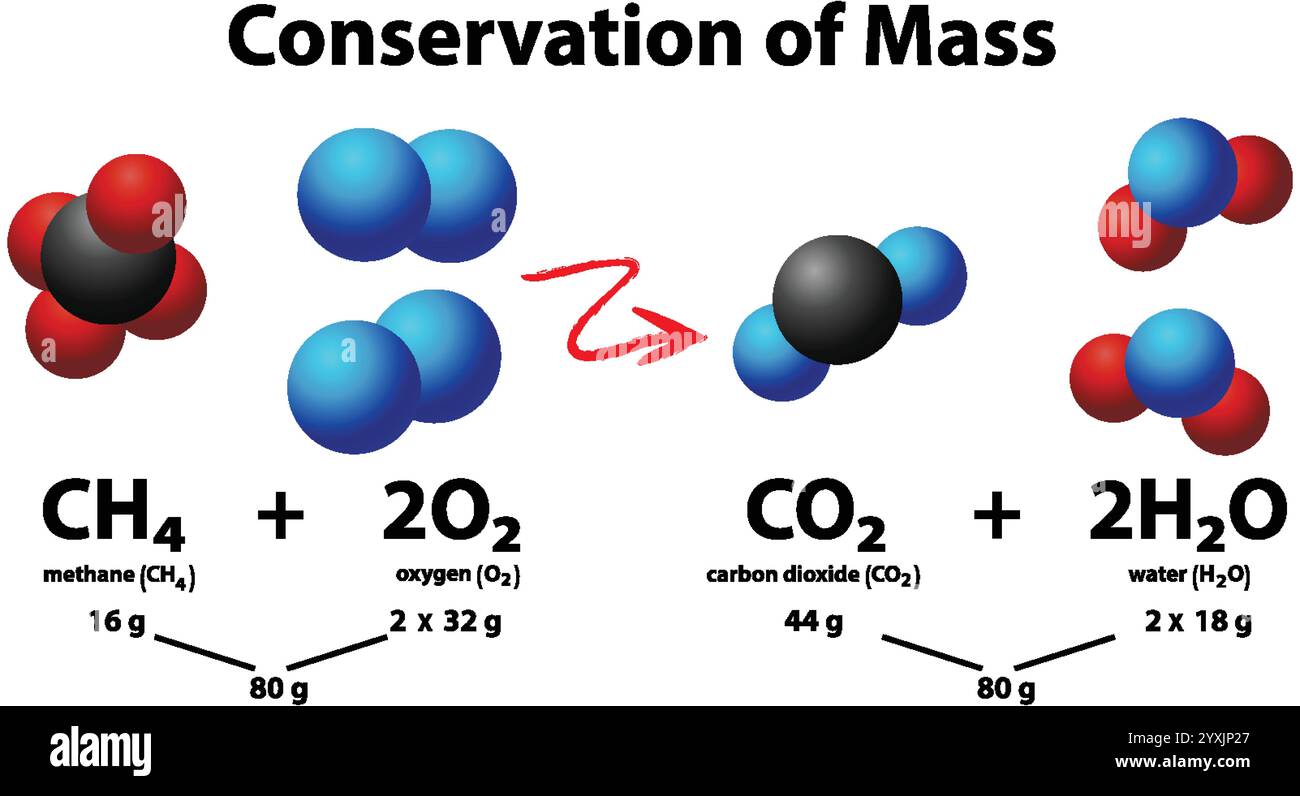 Illustrazione della conservazione della massa nelle equazioni chimiche Illustrazione Vettoriale