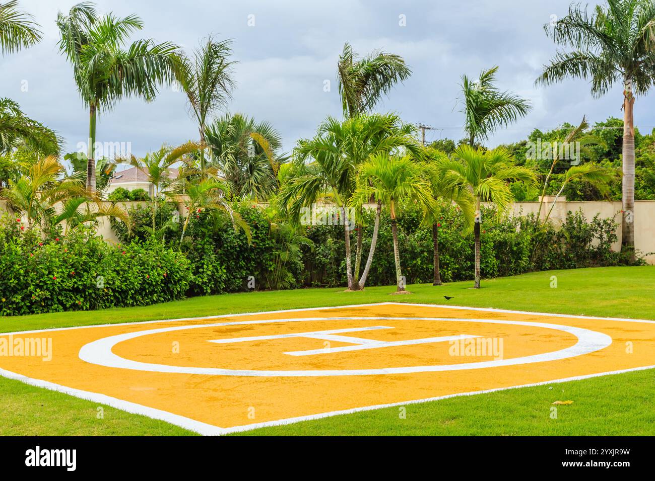 Un cerchio giallo e bianco con la lettera H su di esso si trova in un campo erboso. Il campo è circondato da alberi e ha una palma sullo sfondo Foto Stock