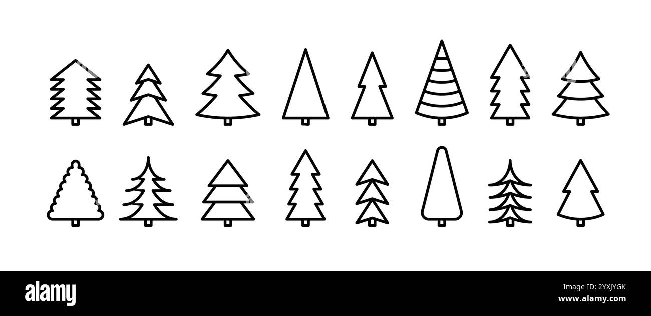 Collezione di icone geometriche di linea sottile alla moda di abeti o pini Illustrazione Vettoriale
