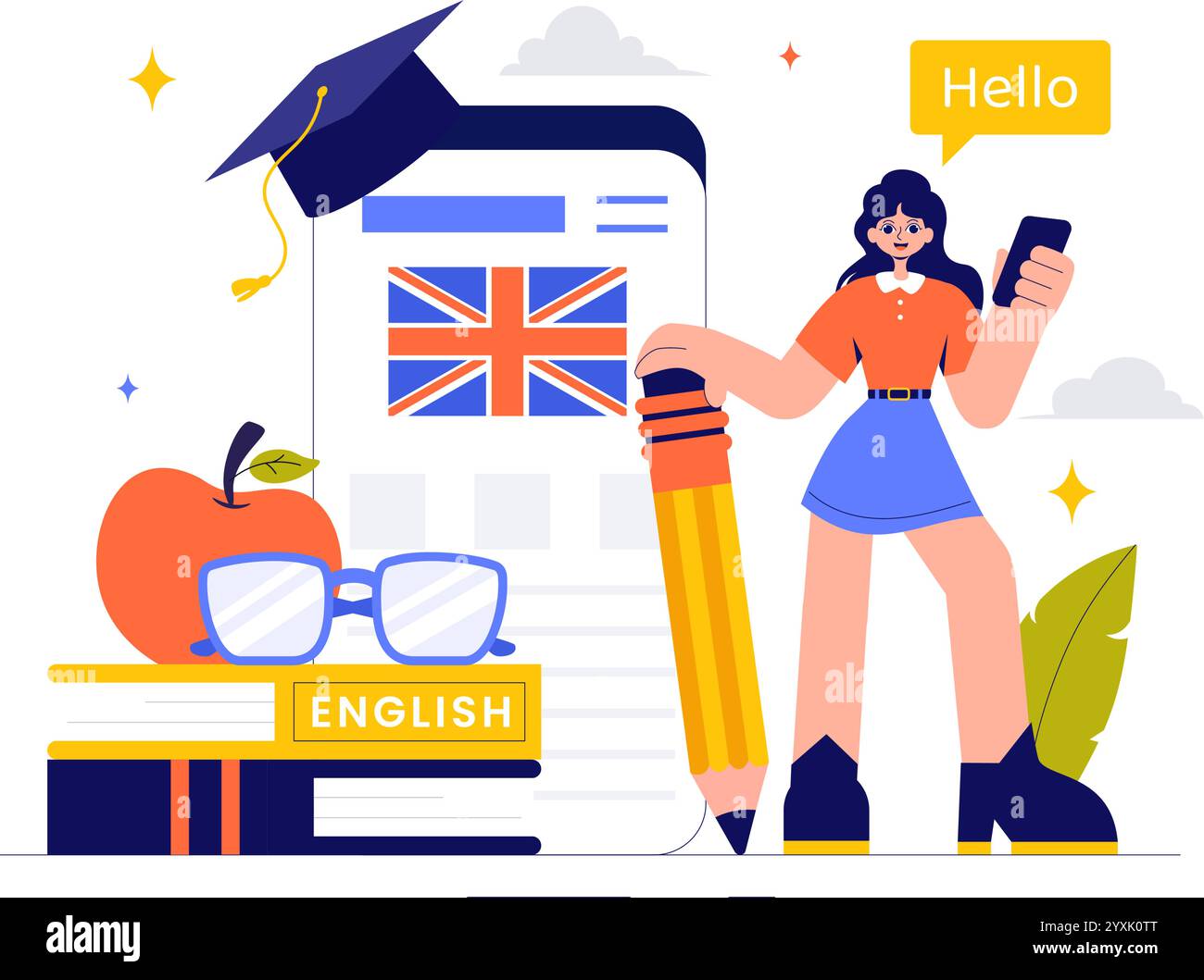 Illustrazione vettoriale della lingua inglese con studenti che studiano lingue straniere, comunicazione globale e formazione di base sulle lezioni di grammatica elementare Illustrazione Vettoriale