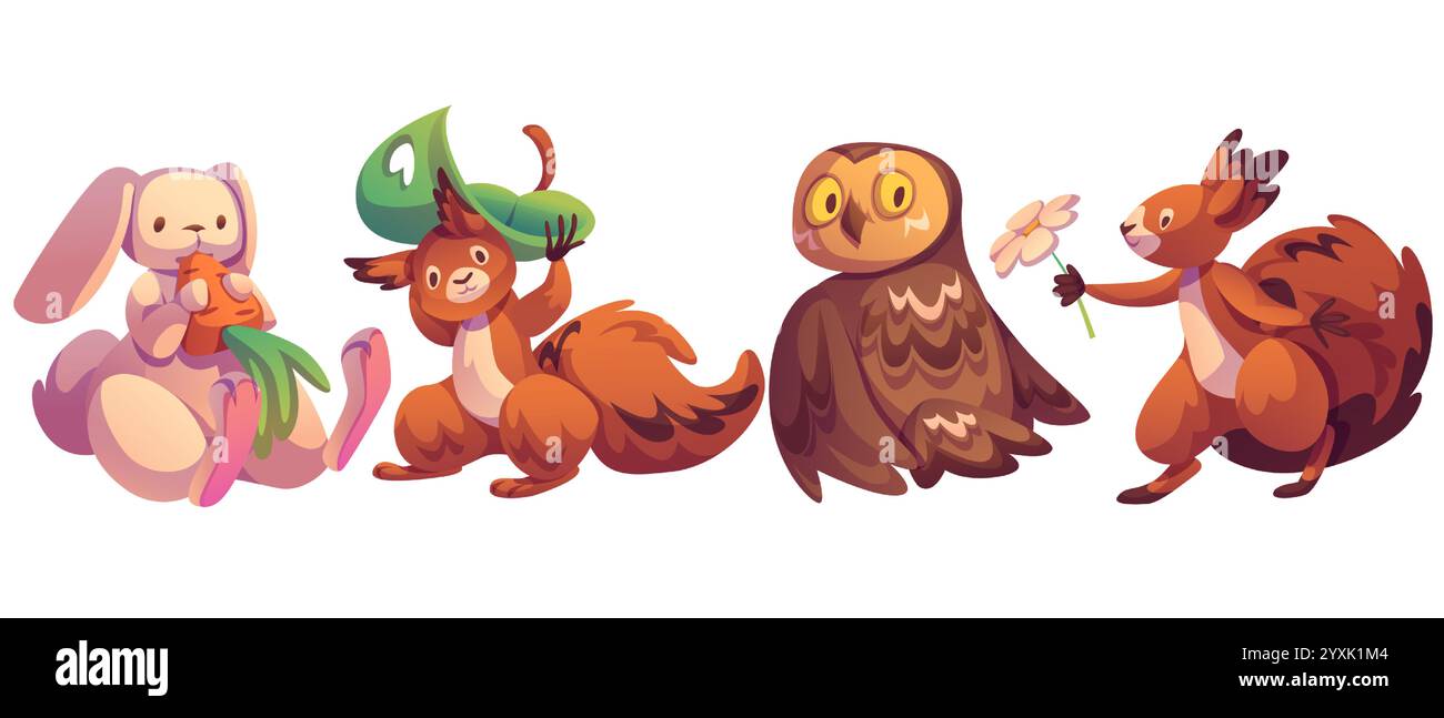 Set di caratteri animali della foresta. Creature carine con piante: Coniglietto che mangia carote, scoiattolo giocoso che tiene la foglia in alto e presenta fiori, sapiente gufo marrone. Libro per bambini Woodland o design di giochi. Illustrazione Vettoriale
