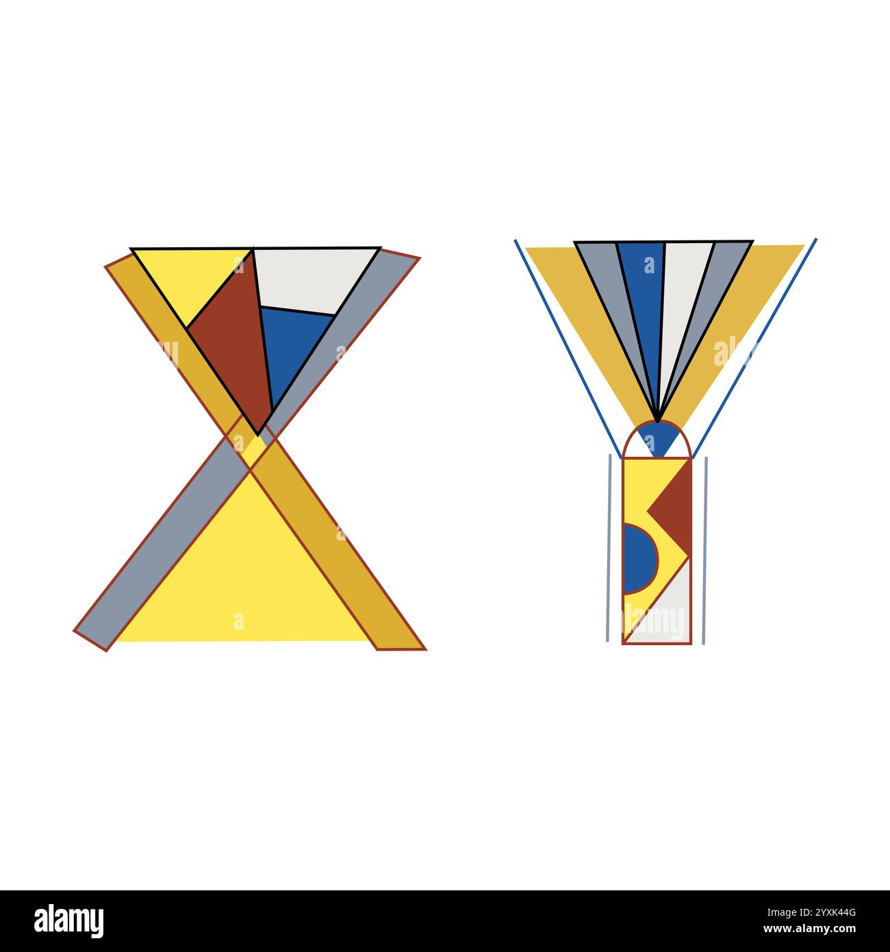Lettere alfabetiche XY in uno stile interessante per il tuo disegno, immagine vettoriale. Triade classica con combinazione di colori Illustrazione Vettoriale