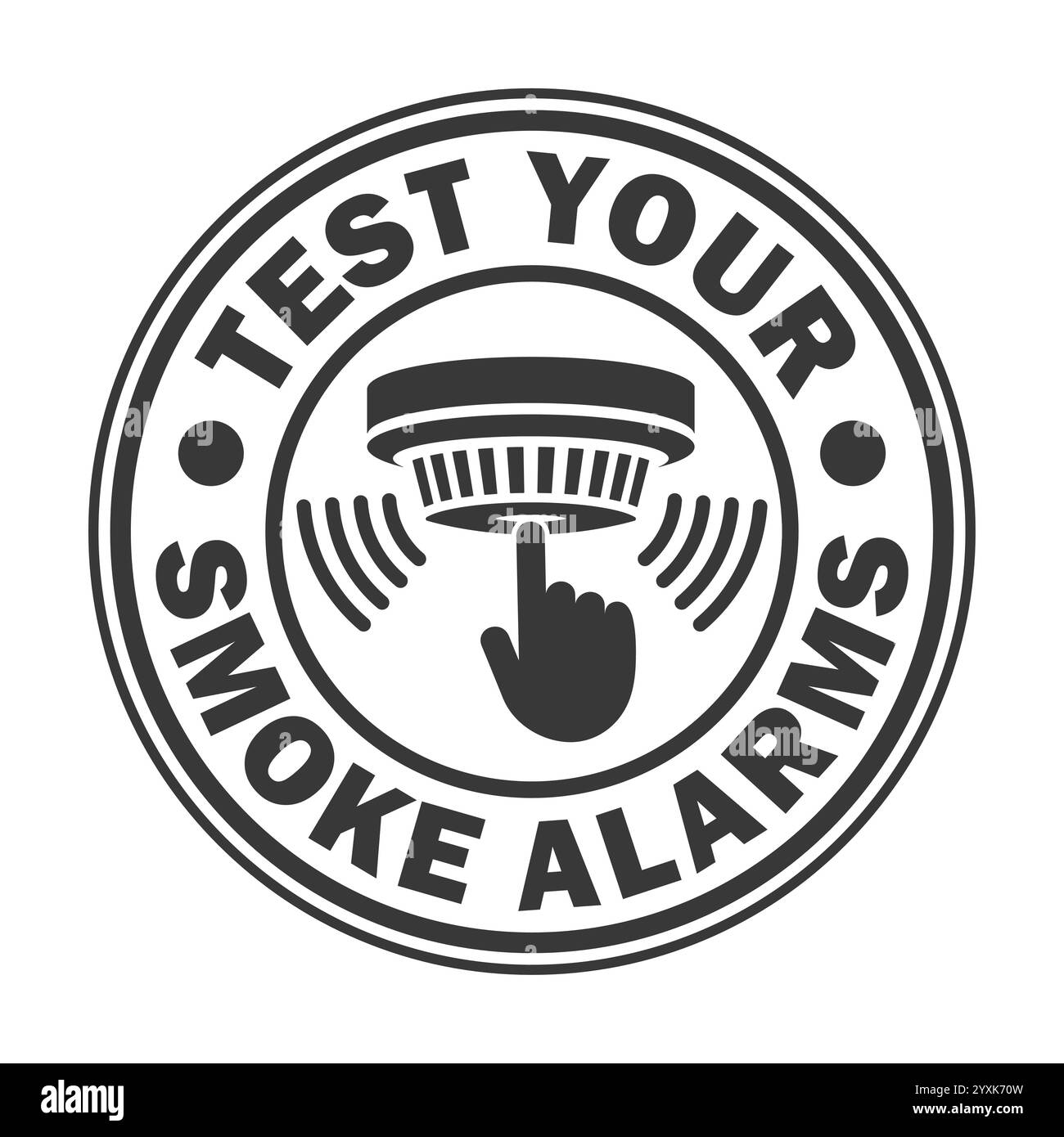 Testare i rilevatori di fumo. Simbolo dell'icona del rilevatore di fumo. Cartello con il logo dell'allarme antincendio. Attrezzature antincendio. Immagine di illustrazione vettoriale. Isolato su backgrou bianco Illustrazione Vettoriale