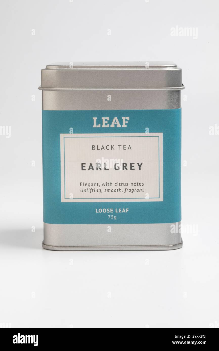 Una latta da 90 g di tè Earl Grey a foglia nera Foto Stock