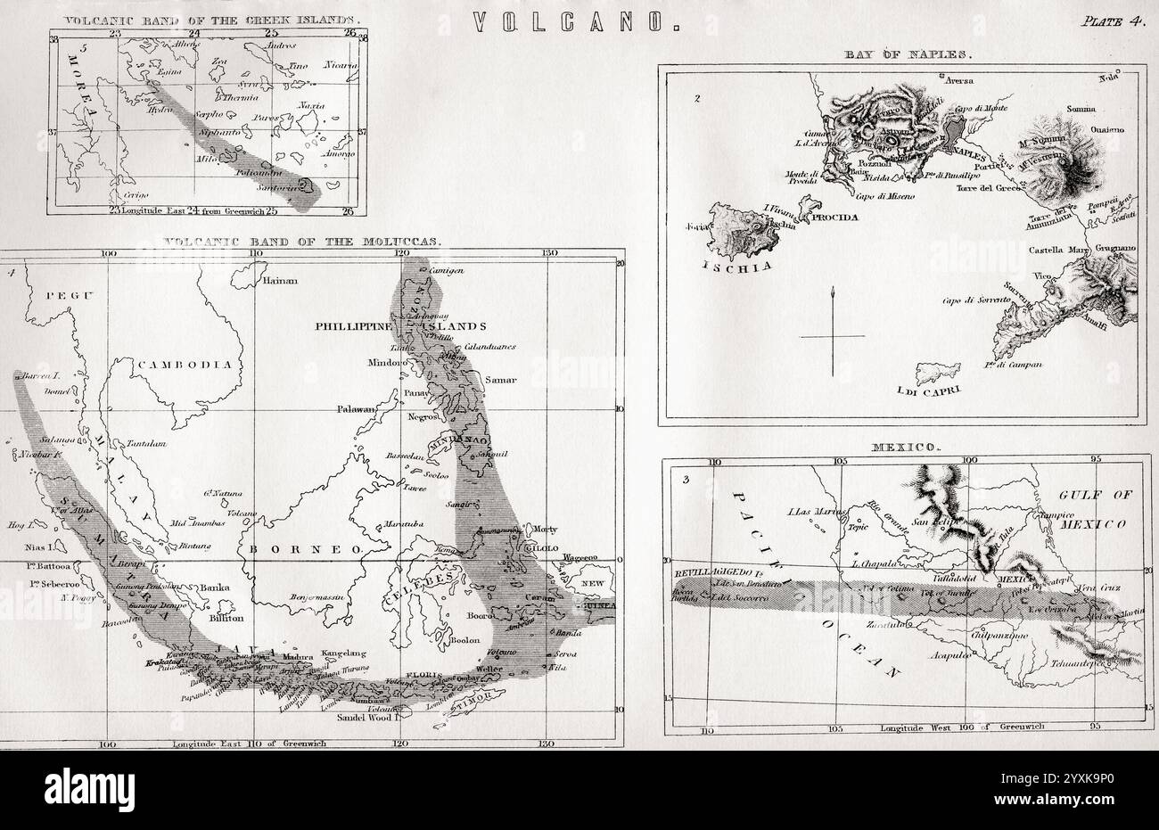 Mappa che mostra le bande vulcaniche delle isole greche, delle Molucche, del Messico e del Golfo di Napoli. Da The National Encyclopedia: A Dictionary of Universal Knowledge, pubblicato nel 1890 Foto Stock