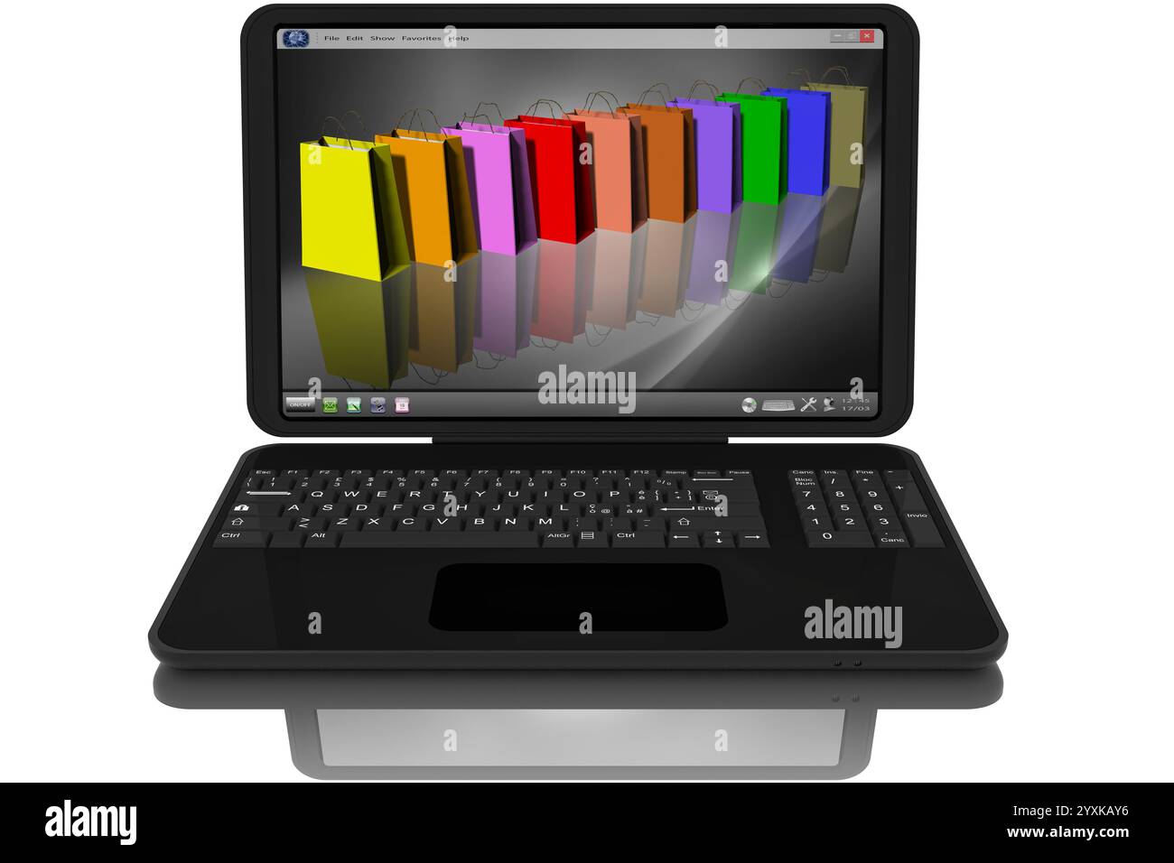 Notebook nero aperto. Sullo schermo delle borse della spesa, simbolo dell'attività Foto Stock