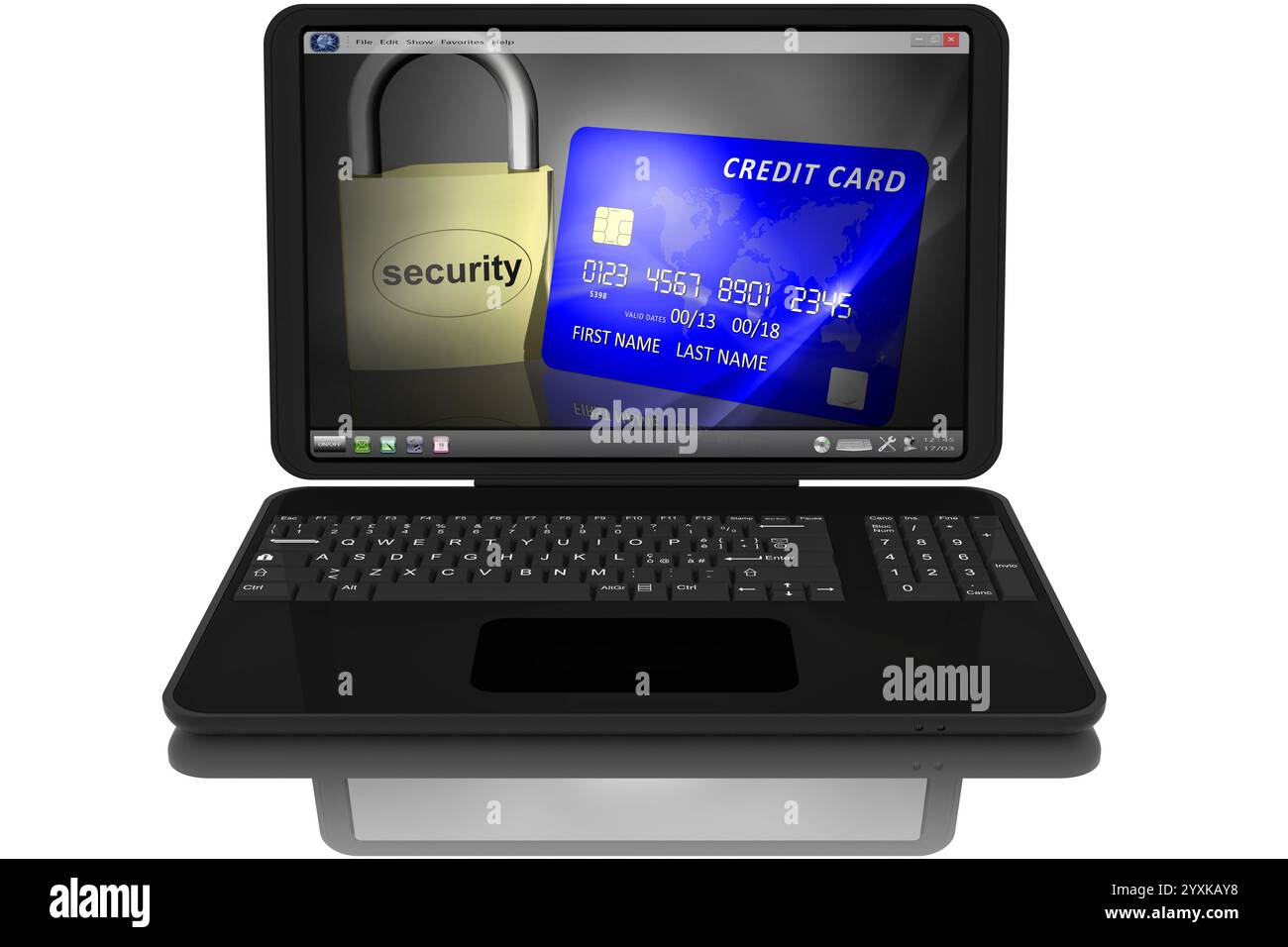 Notebook nero aperto. Simbolo di sicurezza della carta di credito sullo schermo, Foto Stock