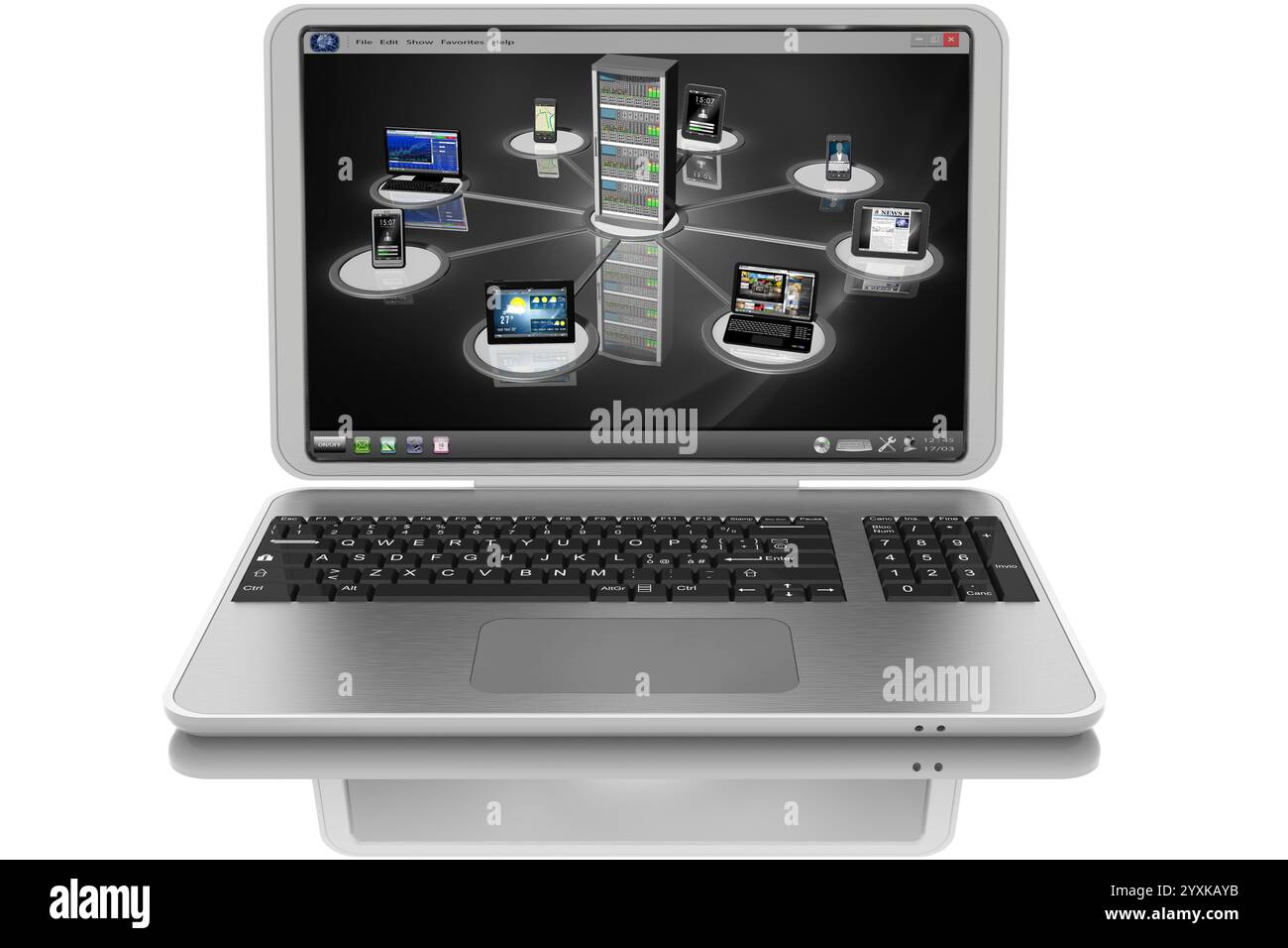 Notebook aperto grigio. Sullo schermo, simbolo di connessione, rete Foto Stock