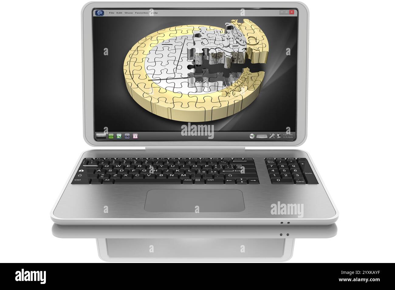 Notebook aperto grigio. Sullo schermo simbolo Euro valuta e valuta europea. Foto Stock