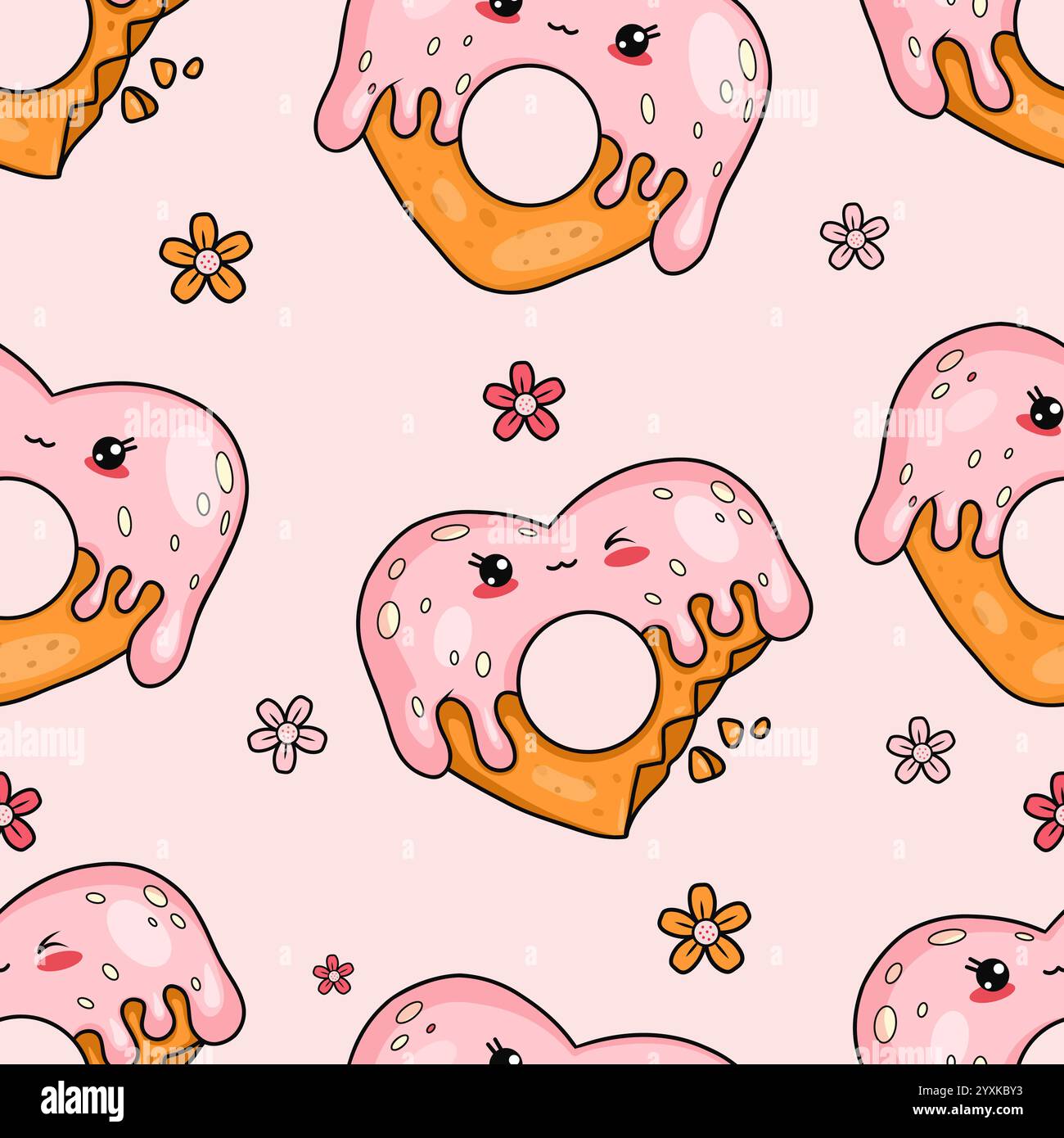 Motivo senza cuciture con cuore di pan di zenzero con gocce di glassa su sfondo rosa con fiori. Divertente e romantico personaggio dei cartoni animati kawaii, cibo dolce. Illustrazione Vettoriale