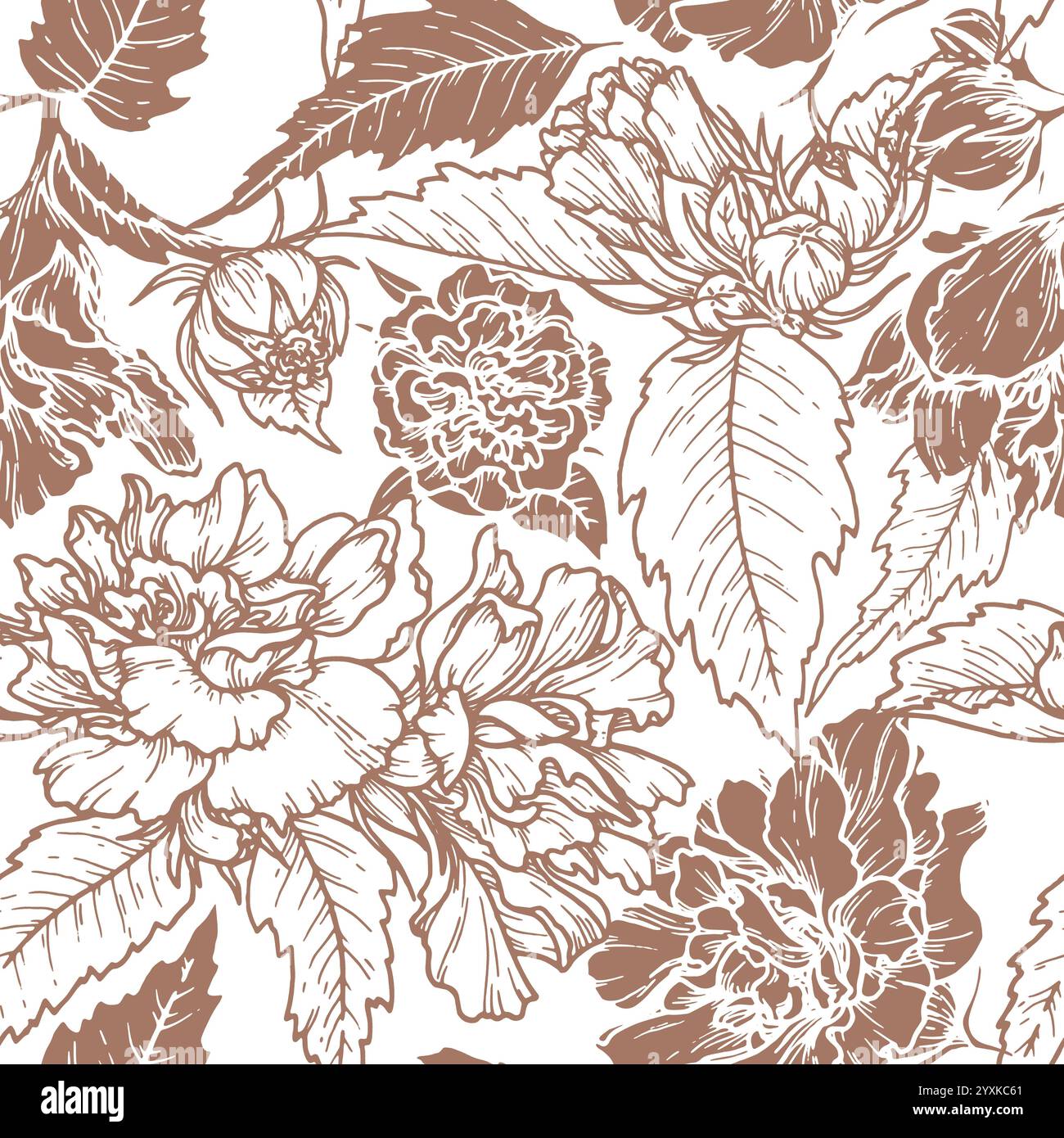 Motivo floreale senza cuciture nel colore 2025 dell'anno Mocha Mousse. Sfondo disegnato a mano con fiore di silhouette e tonalità marrone. Perfetto per creare Foto Stock