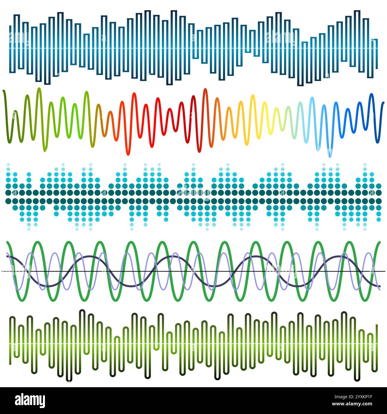 Set vettoriale di onde sonore. Equalizzatore audio. Onde sonore e audio isolate su sfondo bianco. Illustrazione Vettoriale