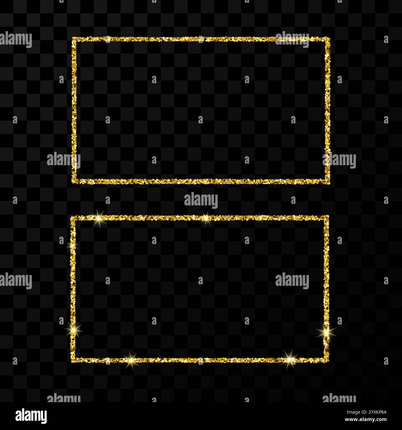 Cornice rettangolare dorata. Due cornici moderne e lucide con effetti luminosi isolati su sfondo scuro trasparente. Illustrazione vettoriale. Illustrazione Vettoriale