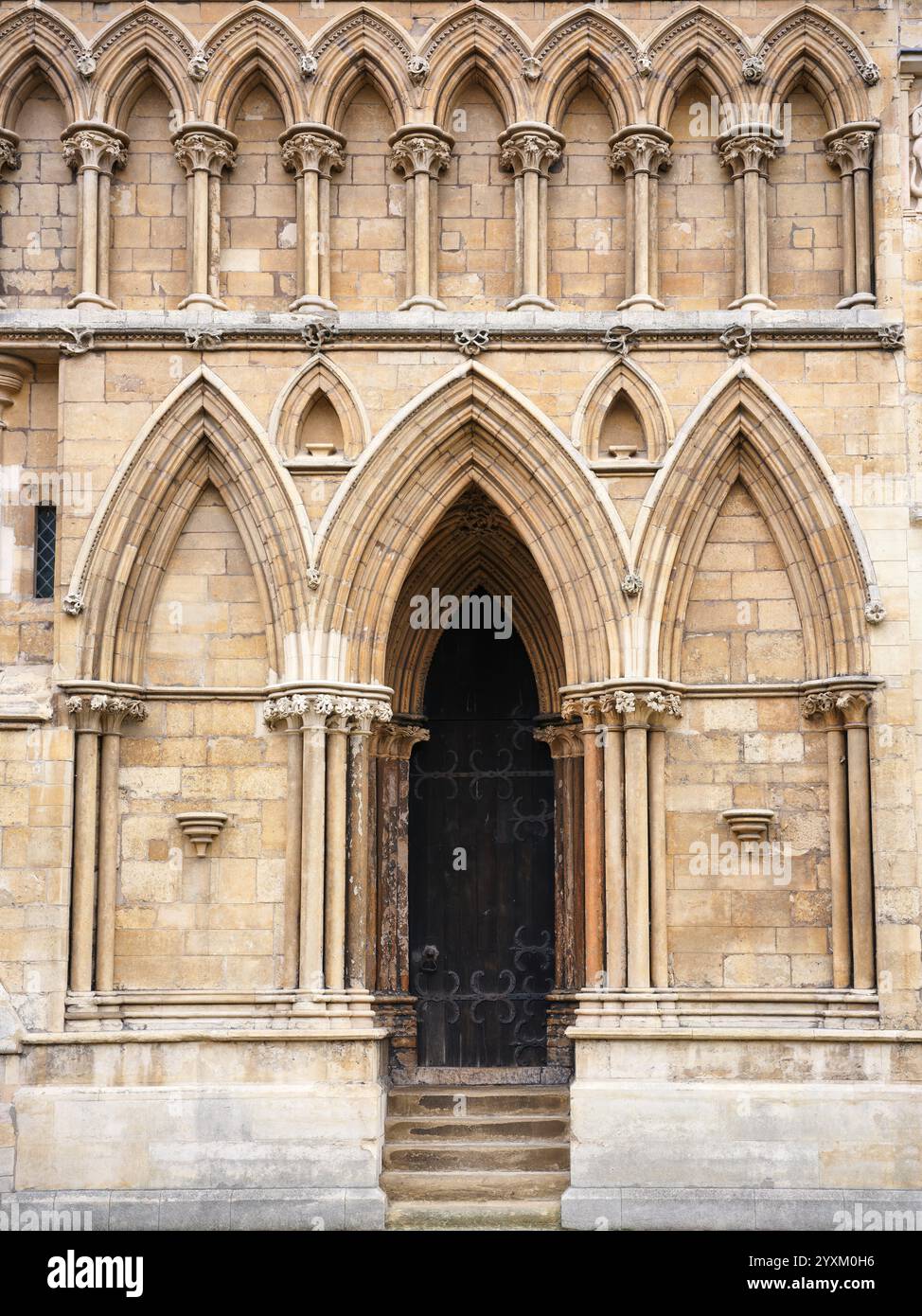 Porta di quercia chiusa e decorata all'estremità occidentale della cattedrale di Lincoln, Inghilterra. Foto Stock