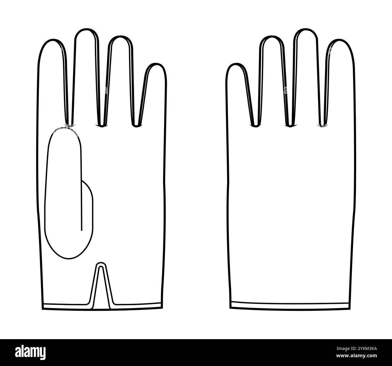 Guanti da polso accessori moda indumenti per illustrazione tecnica indumenti. Vista posteriore del palmo frontale vettoriale per uomo, donna, modello piatto in stile unisex contorno schizzo di mockup CAD su sfondo bianco Illustrazione Vettoriale