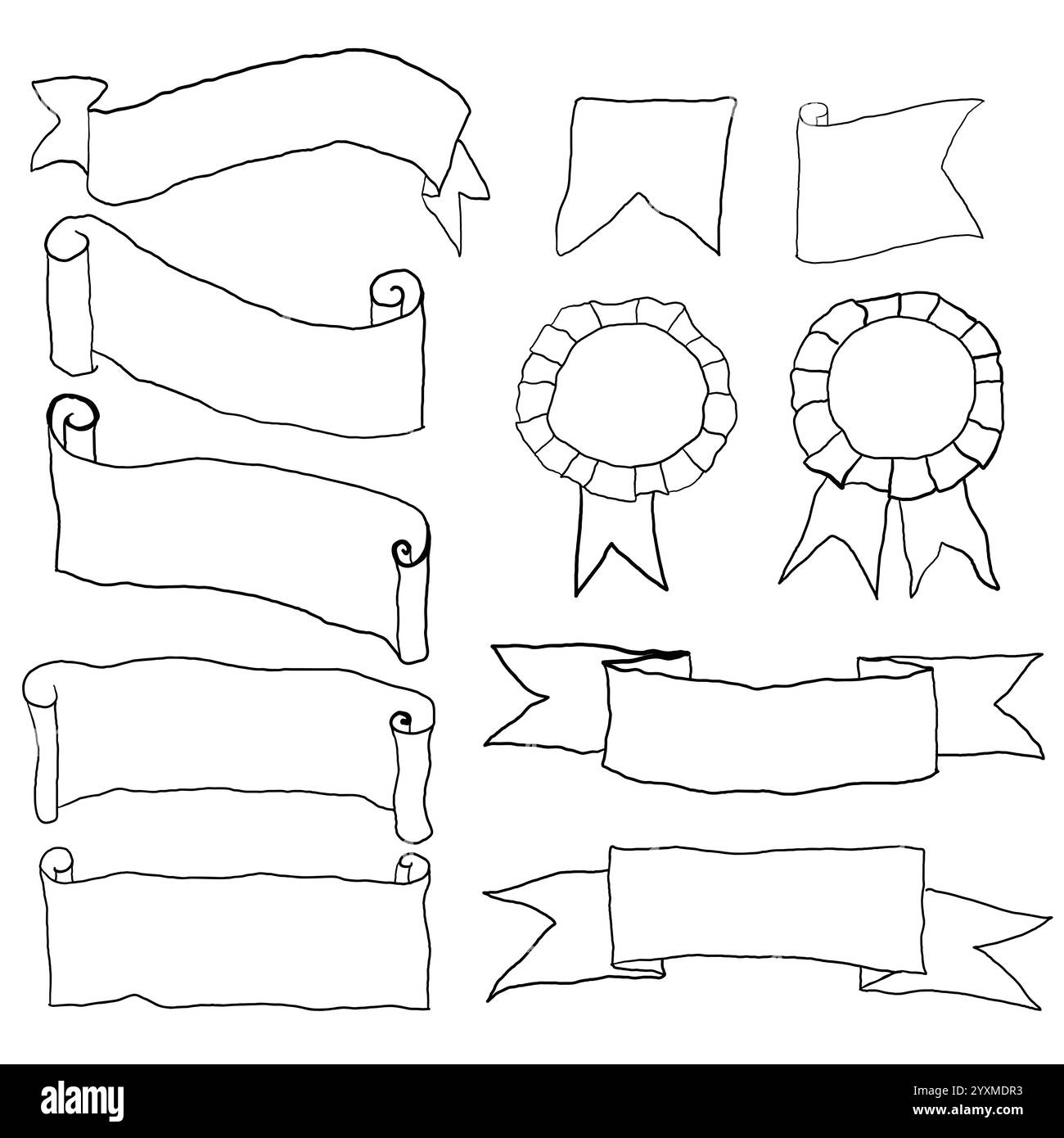 linee disegnate a mano per bambini isolate semplici set di nastri a spirale per striscioni o etichette per lo sfondo. Illustrazione Vettoriale