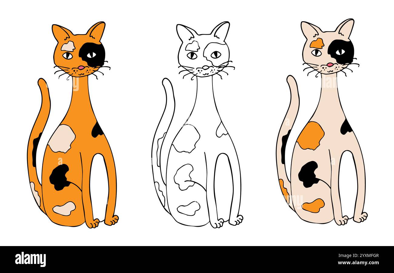 Silhouettes of a sitting cat, isolated on a white background. Illustrazione Vettoriale