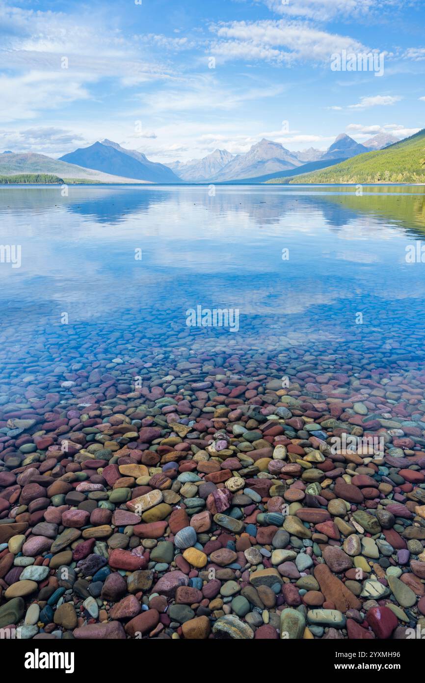 Ciottoli colorati, lago McDonald, Glacier National Park, Montana, Stati Uniti Foto Stock