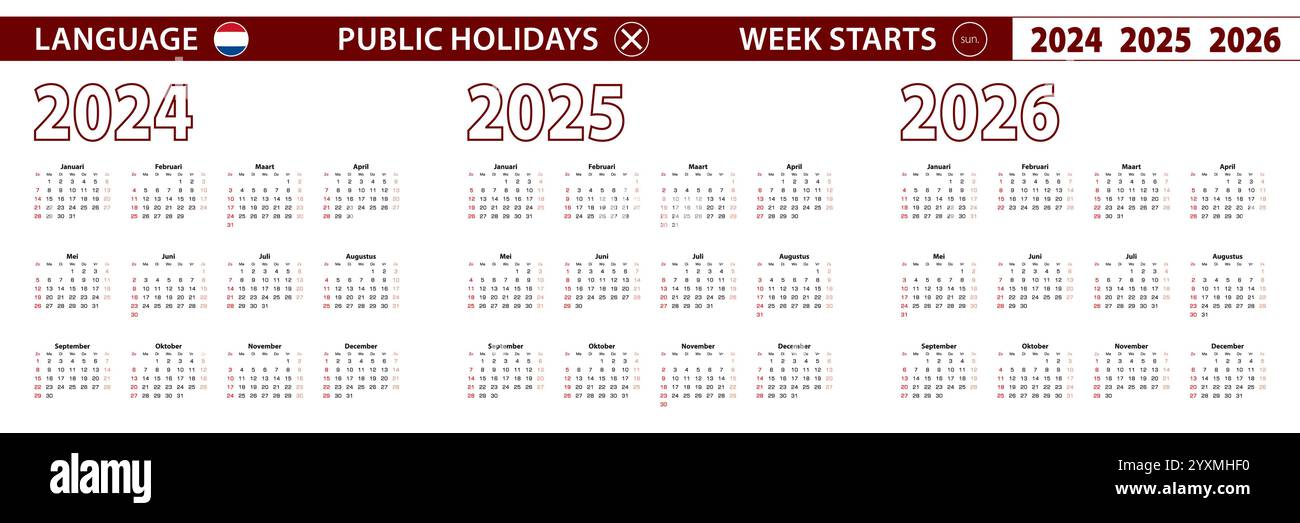 2024, 2025, 2026 anni di calendario vettoriale in lingua olandese, la settimana inizia la domenica. Calendario vettoriale. Illustrazione Vettoriale