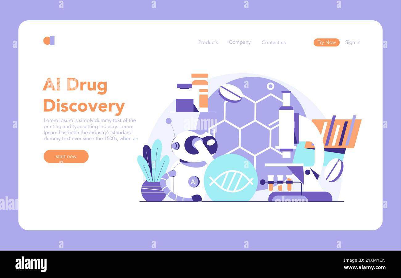 Concetto HealthTech. Innovativo processo di scoperta di farmaci con intelligenza artificiale con robot, apparecchiature di ricerca e struttura del DNA. Progressi tecnologici per la medicina. Illustrazione vettoriale. Illustrazione Vettoriale