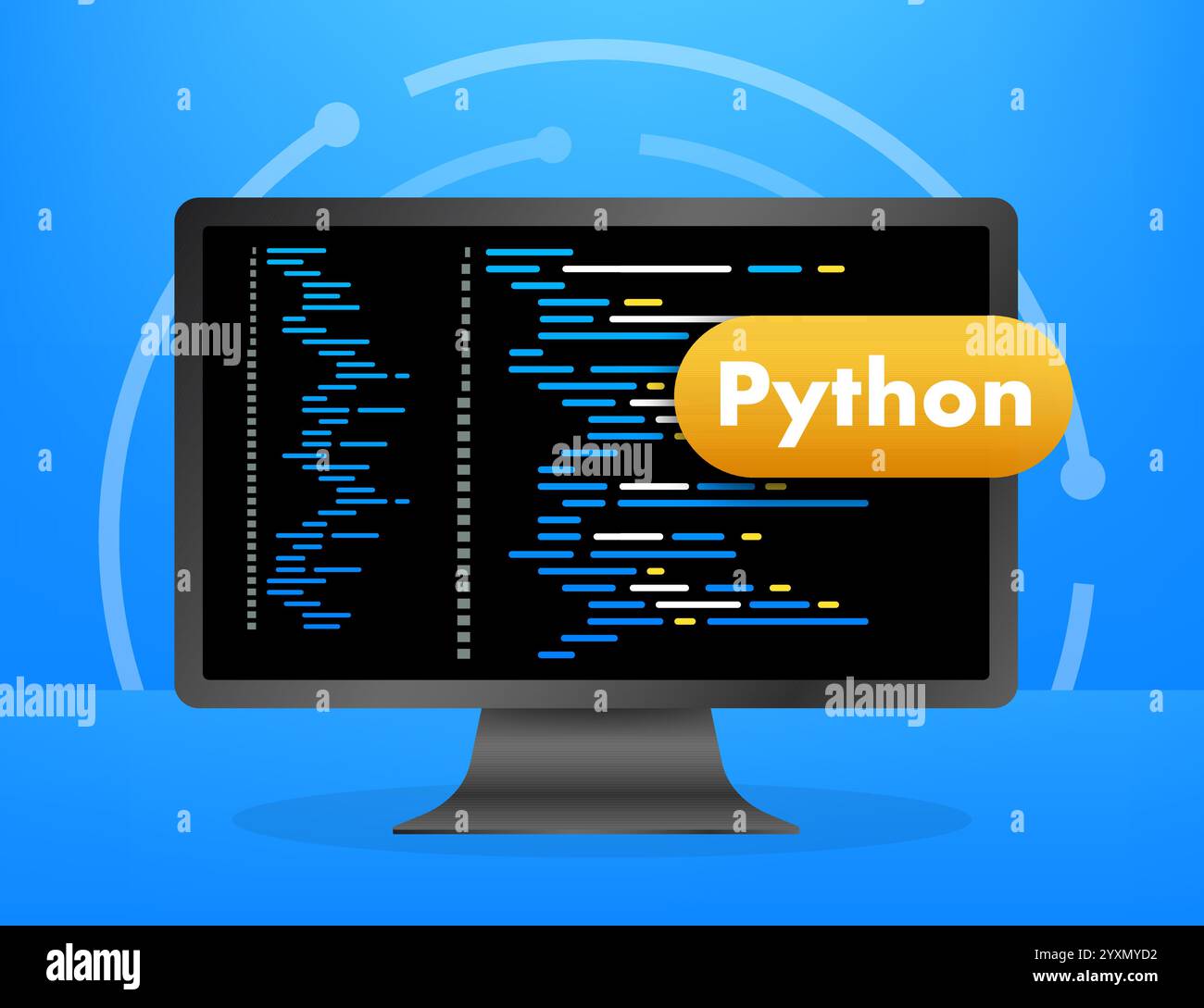 Monitor del computer che visualizza il codice del linguaggio di programmazione Python su sfondo blu Illustrazione Vettoriale